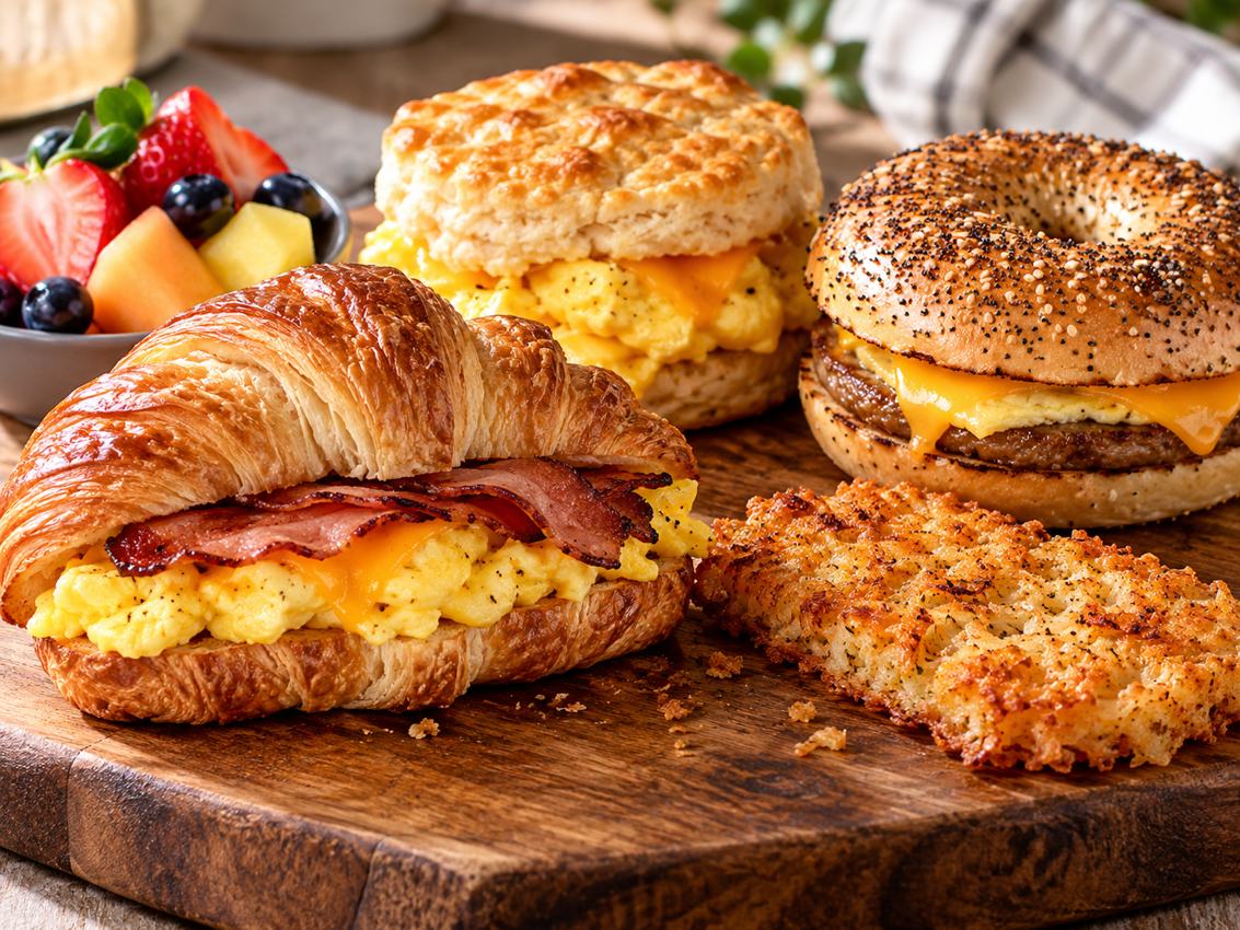 Breakfast croissant, biscuit and bagel sandwiches with potatoes and fruit