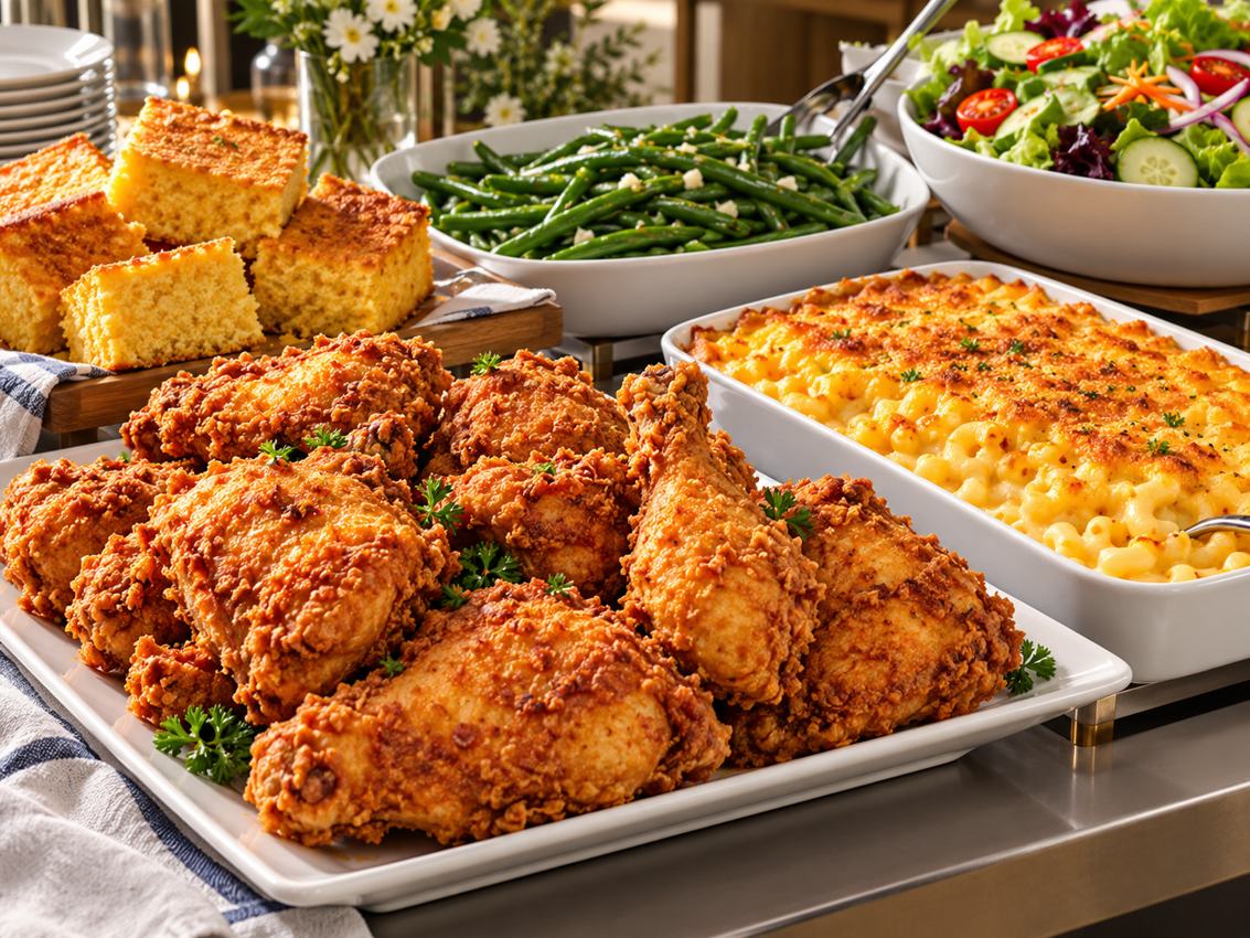 Catered chicken, macaroni and cheese, green beans and salad
