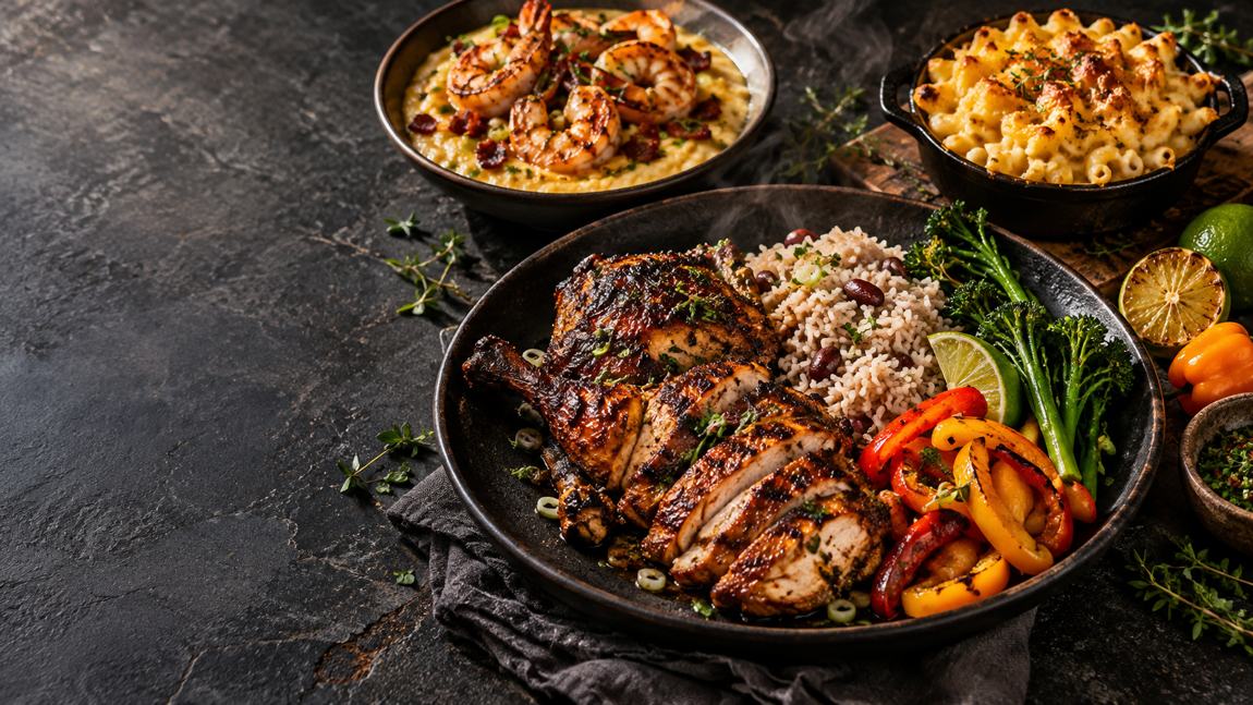 A spread of comfort food, grilled chicken and colorful sides